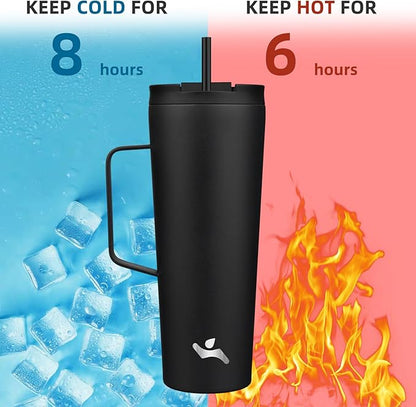 Insulated Tumbler with Handle and Straw, 26 OZ Travel Coffee Mug Stainless Steel Cup Metal Water Bottle,Black