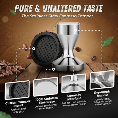 Flexzion Coffee Tamper 58mm Espresso Tamper Tool, Stainless Steel Barista-Quality Hand Press Espresso Maker with Ergonomic Silver Handle for Home and Professional Use