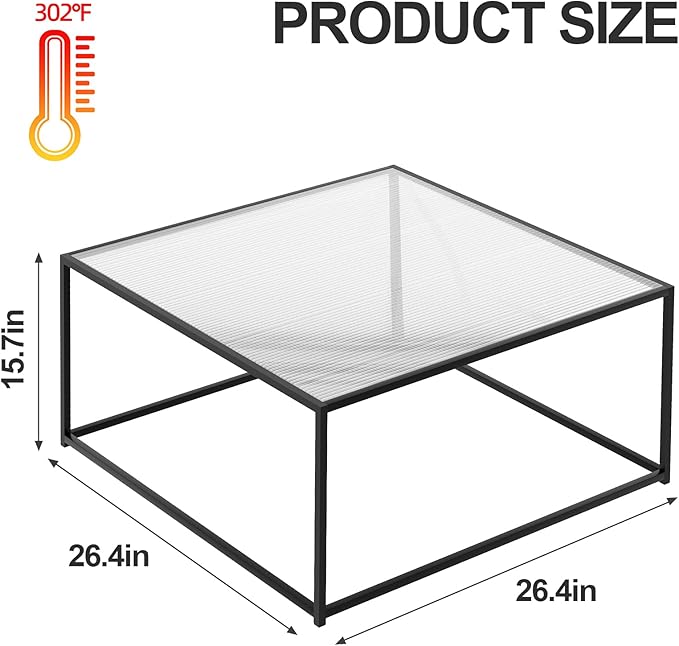 Glass Coffee Table Modern Center Table,Minimalist Coffee Table Sofa Side Tea Table for Living Room,Tempered Glass-top with Sturdy Metal Frame, Easy Assembly,26.4 x 26.4 x 15.7 Inches, Black