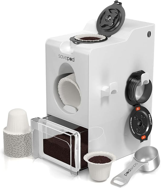 SavePod Coffee Pod Maker with Reusable Coffee Pods, Compatible with Keurig and K-Cup Coffee Machines, Smart, Easy to Use & Convenient (White)