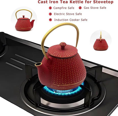 Small Cast Iron Tea Kettle for Stovetop Safe, Red Tea Pot Coated with Enameled Interior, Durable Teapot with Stainless Steel Infuser for Loose Leaf (1000ml/34oz)