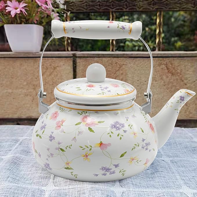 Enamel Teakettle Floral Teapot for Stovetop, 2.5L Large Green Floral Tea Kettle with Ceramic Handel Turkish Style(Green Rose)