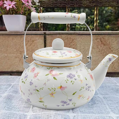 Enamel Teakettle Floral Teapot for Stovetop, 2.5L Large Green Floral Tea Kettle with Ceramic Handel Turkish Style(Green Rose)