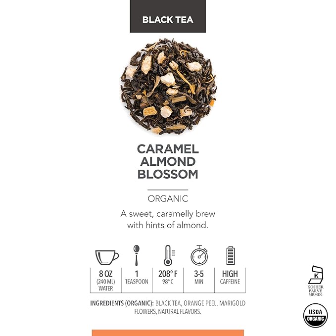 Teabloom Organic Black Tea, Caramel Almond Blossom Loose Leaf Tea, Luxury Dessert Tea, USDA Certified Organic, Certified Kosher, 2.80 Ounce Canister Makes 35-50 Cups