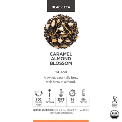 Teabloom Organic Black Tea, Caramel Almond Blossom Loose Leaf Tea, Luxury Dessert Tea, USDA Certified Organic, Certified Kosher, 2.80 Ounce Canister Makes 35-50 Cups