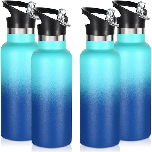 Volhoply 17oz Insulated Water Bottle Bulk 4 Pack,Stainless Steel Kids Water Bottles with Straw Lid,Reusable Metal Water Flask,Double Wall Vacuum Sports School Keep Hot & Cold (Green Blue,4 Set)