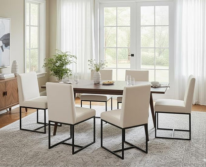 CIMOTA Modern Linen Dining Chair Set of 6, Mid Century Dining Room Chairs Fabric Upholstered Armless Side Chair with Black Sled Base for Dining Room, White Cream 6PCS