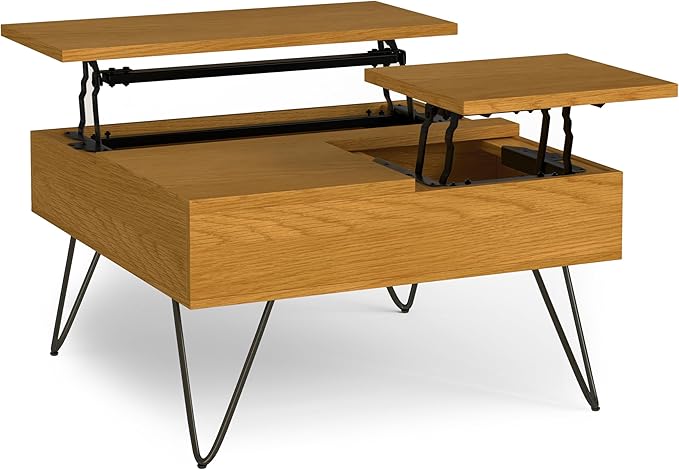 SIMPLIHOME Hunter Lift Top Coffee Table - 32 inch Wide Oak Veneer and Metal Industrial Square Lift Top Cocktail Table in Oak, Living Room Table with Dual Lift Tops, Hidden Storage and Hairpin Legs