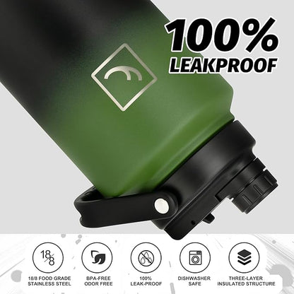 NATURE PIONEOR One Gallon Water Bottle Insulated - Large Double Vacuum Stainless Steel 128 oz Water Bottle with Holder/Carrier, 1 Gallon Water Jug 2 in 1 LID, Flip Straw and Spout, Wide Mouth