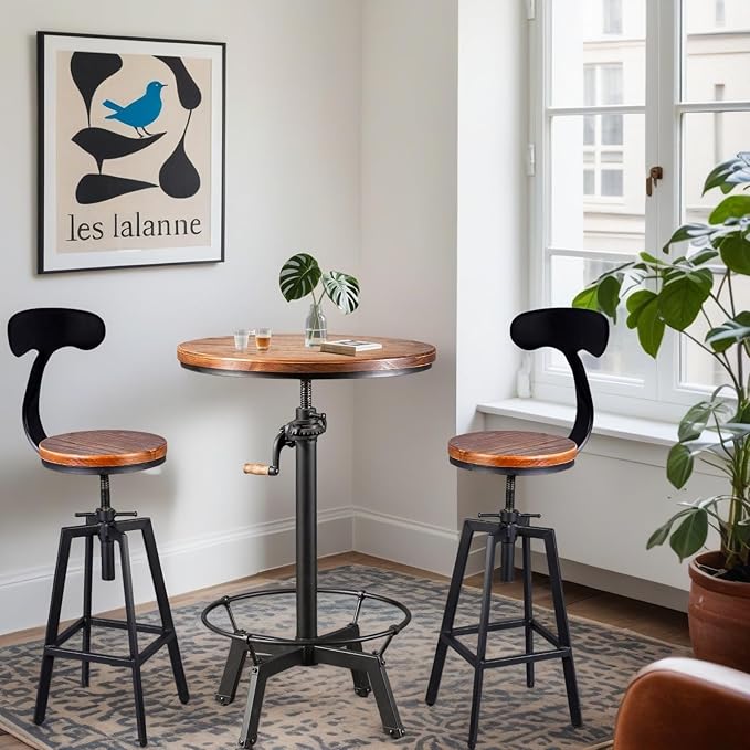 Small Kitchen Table Set, Modern Round Table and Stools for 2, Industrial Bar Stools with Backrest Height Adjustable