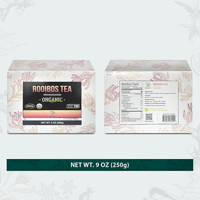 Soeos Organic Rooibos Tea, 9oz (250g), 100 Tagless Tea Bag, Naturally Caffeine Free, USDA Organic.