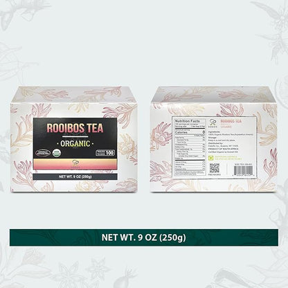 Soeos Organic Rooibos Tea, 9oz (250g), 100 Tagless Tea Bag, Naturally Caffeine Free, USDA Organic.