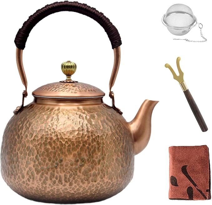 YJX Copper Tea Kettle For Stovetop, Japanese Style Non-Coating Pure Copper Teapot with Stainless Steel Infuser For Loose Tea, Large and Solid Tea Pot For 3-7 Cups (2000ml)