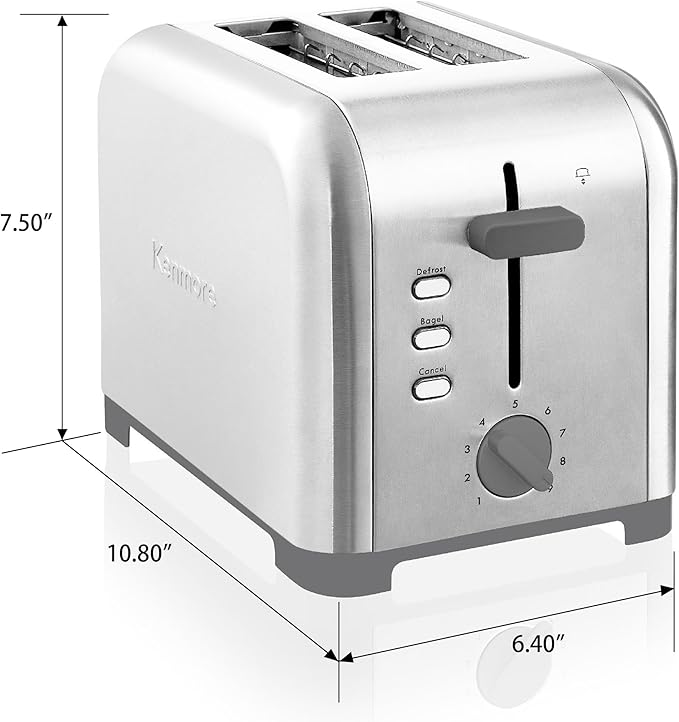 Kenmore toaster 2 slice - extra wide slot countertop kitchen appliance, defrost function, tostador de pan, 9 shade settings, compact design, easy clean crumb tray, bread bagel, stainless steel