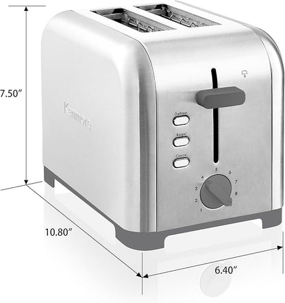 Kenmore toaster 2 slice - extra wide slot countertop kitchen appliance, defrost function, tostador de pan, 9 shade settings, compact design, easy clean crumb tray, bread bagel, stainless steel