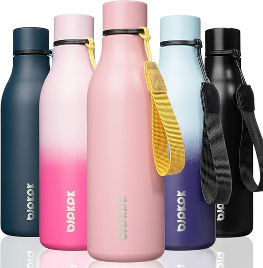 BJPKPK Insulated Water Bottles, 18 oz Stainless Steel Metal Water Bottle with Strap, BPA Free Leak Proof Jugs, Mugs, Flasks, Reusable Thermal Flasks for Sports & Travel, Light Pink