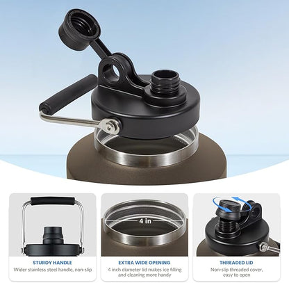 1 Gallon Water Jug Bottle Insulated, 128oz Stainless Steel Water Bottle Jug Wide Mouth Double Vacuum Dishwasher Safe BPA Free for Hot & Cold Drinks Dark Khaki