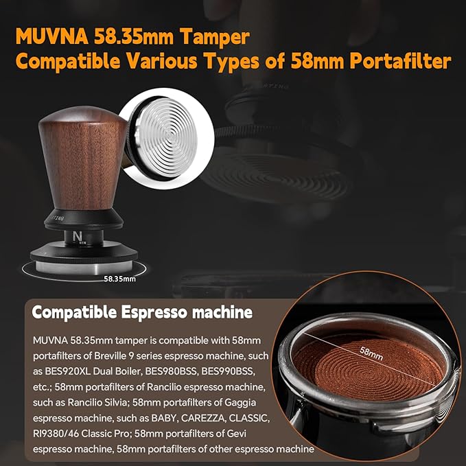 58.35mm Espresso Tamper, Spring Loaded Coffee Tamper with Ripple Base, Self-Leveling Barista Tool, Walnut Handle, Fits Breville 58mm Portafilter Baskets, Home Barista Accessories