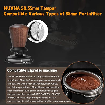 58.35mm Espresso Tamper, Spring Loaded Coffee Tamper with Ripple Base, Self-Leveling Barista Tool, Walnut Handle, Fits Breville 58mm Portafilter Baskets, Home Barista Accessories