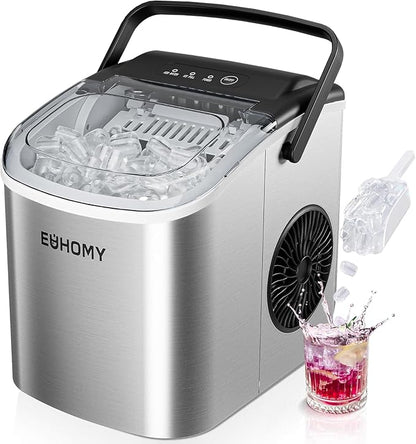 EUHOMY Countertop Ice Maker Machine with Handle, 26lbs Per Day, 9 Ice Cubes Ready in 6 Mins, Auto-Cleaning Portable Ice Maker with Basket and Scoop, for Home/Kitchen/Camping/RV (Silver)