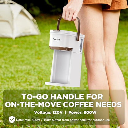 Single Serve One Cup Coffee Maker, for K Cups and Grounds, Mini Coffee Maker with Portable Handle, 6 to 12 Oz Brew Size, for Travel, Camping, Office, RV and Dorm, 120V, White and Brown