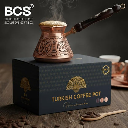 BCS 18 Oz X-Large Copper Turkish Greek Arabic Coffee Pot with Wooden Handle (6 servings) Cezve Ibrik Briki Stovetop Coffee Maker (Includes Wooden Spoon)
