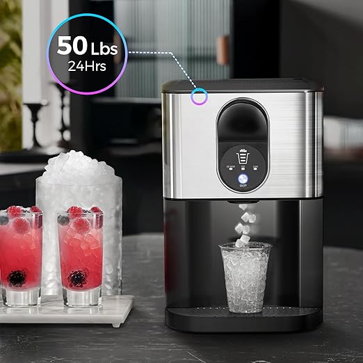 Kismile Countertop Nugget Ice Maker, Pebble Ice Maker with Self-Cleaning, 50lbs/24H, Soft Chewable Pellet Ice, One-Click Operation, for Home & Kitchen (Silver)