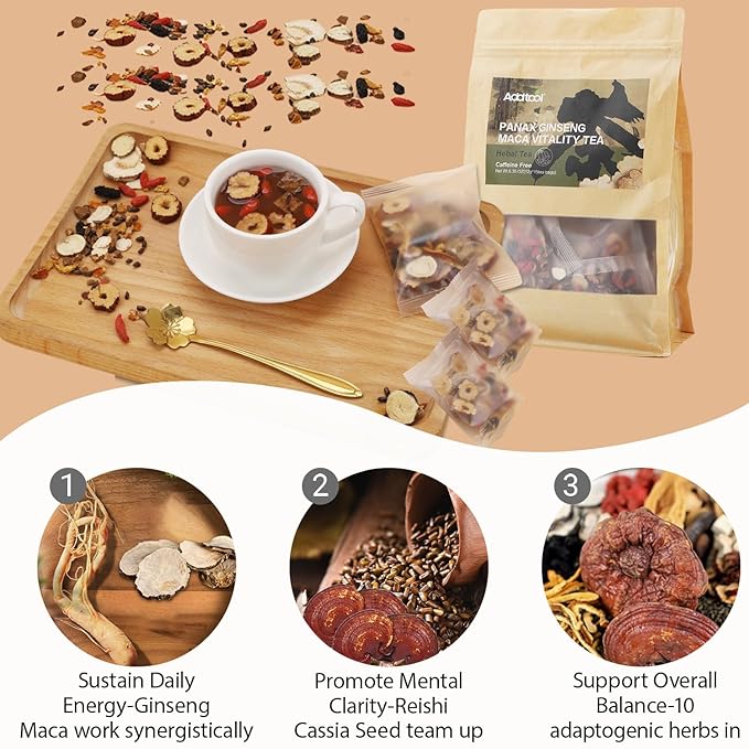 Addtool Maca Ginseng Power Blend Tea，Ginseng-Infused ten Treasure Kidney Tea , for Women & Men。with,Reishi Red Date Wolfberry Mulberry Cassia seed，Premium (180 grams / 15 packs) Each tea bag can be steeped multipletimes.