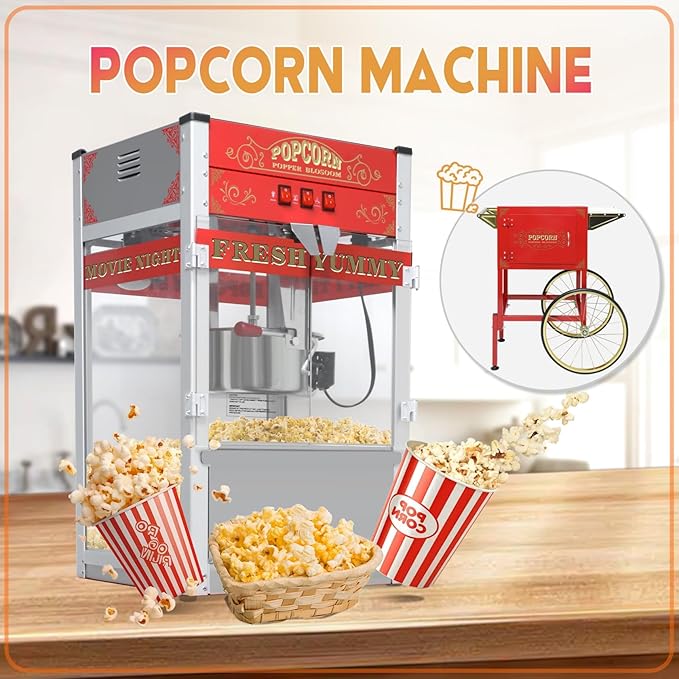 20oz Popcorn Machine with Cart, Wheels & Stainless Steel Kettle, Vintage Movie Theater Style, Popcorn Maker Machine for Parties, Events, Home & Commercial Use, Red