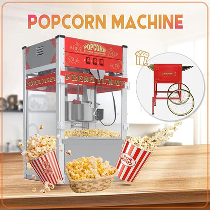 20oz Popcorn Machine with Cart, Wheels & Stainless Steel Kettle, Vintage Movie Theater Style, Popcorn Maker Machine for Parties, Events, Home & Commercial Use, Red