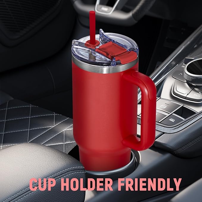 40 oz Tumbler with Handle and Straw Lid,Insulated Reusable Stainless Steel Water Bottle Travel Mug，Cupholder Friendly Double Wall Vacuum Sealed Cup (Cherry Red)