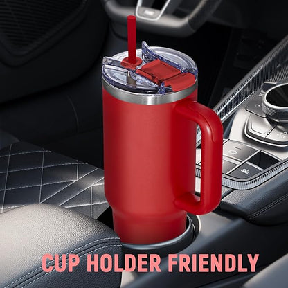 40 oz Tumbler with Handle and Straw Lid,Insulated Reusable Stainless Steel Water Bottle Travel Mug，Cupholder Friendly Double Wall Vacuum Sealed Cup (Cherry Red)