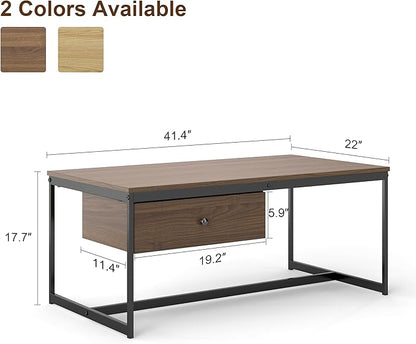 Manora Minimalist Coffee Table with Drawer, Modern Industrial Aesthetic Center Table for Living Room, Stylish Wood Modern Coffee Table with Storage, Walnut