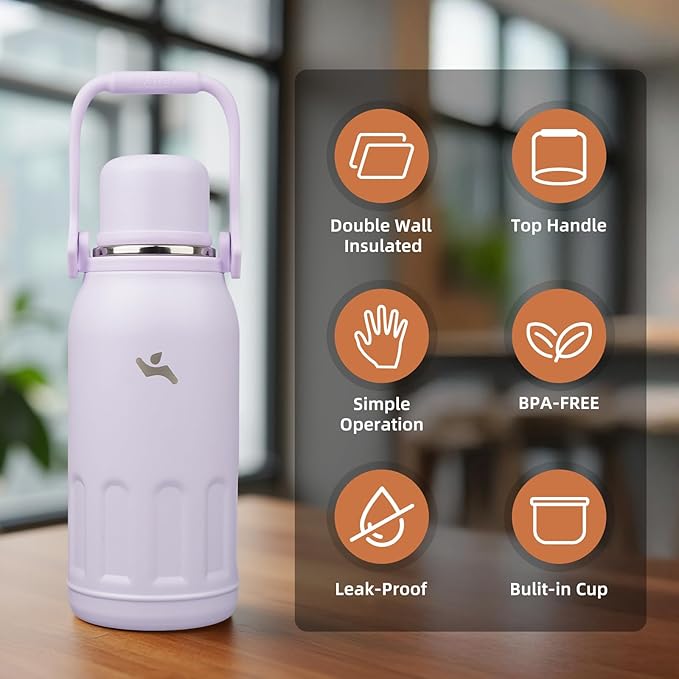 Insulated Water Bottle with Handle and Strap,Vacuum Travel Tumbler with Cup Lid,Thermo Coffee Cup for Hot Cold Drinks 40 OZ,Purple