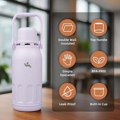 Insulated Water Bottle with Handle and Strap,Vacuum Travel Tumbler with Cup Lid,Thermo Coffee Cup for Hot Cold Drinks 40 OZ,Purple