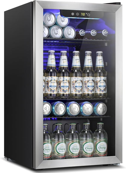 Kismile 3.2 Cu.ft Beverage Refrigerator and Cooler,130 Can Mini Fridge Glass Door,Digital Temperature Display for Soda, Beer or Wine, Small Drink Dispenser Cooler for Home, Office or Bar(Silver)