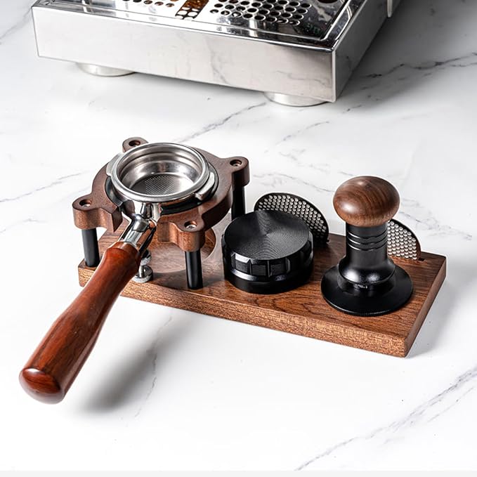 Solid Wood Espresso Tamping Station - Adjustable Height 51-58mm Coffee Tamper & Portafilter Holder, Non-Slip Multi-Functional Espresso Organizer for Coffee Accessories Storage，Portafilter Holder