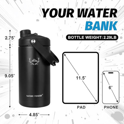 NATURE PIONEOR Insulated Water Bottles with Strap - 64 oz Stainless Steel Vacuum Wide Mouth Bottle with Holder/Carrier/Sleeve - 18/8 Food Grade 64oz Half Gallon Water Jug