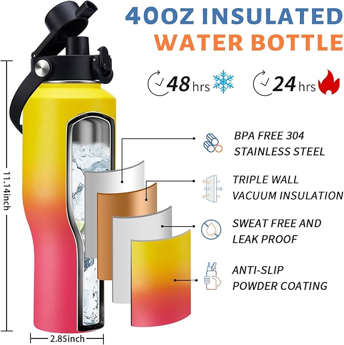 Insulated Water-Bottle 40 oz Tumbler - Fits in Any Cup Holder, Keep Cold 48H Hot 24H, Stainless Steel Water bottle with Straw, Spout Lid, Paracord Handle, Carrier Bag, Silicon Boot for Road Trip