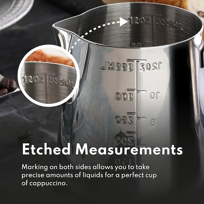 New Star Foodservice 28805 Commercial Grade Stainless Steel 18/8 Frothing Pitcher, 12-Ounce with Measurement Scale