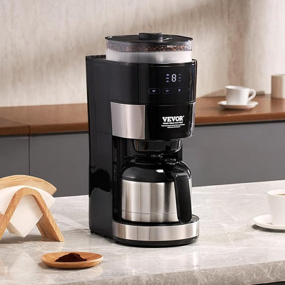 VEVOR Coffee Maker with Grinder, 8 Cup Programmable Coffee Machine, Grind and Brew Coffee Maker with 3 Brew Strength Control, Reusable Filter, Removable Water Tank, for Home Office Restaurant