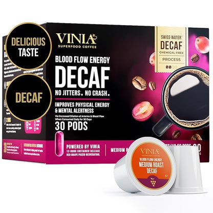 VINIA Blood Flow DECAF Coffee - Medium Roast Superfood Coffee Pods, Swiss Water Process Powered by Red Grape Piceid Resveratrol Boost Energy Compatible with K Cup Coffee Pods Machines, Caffeine Free, 30 Ct