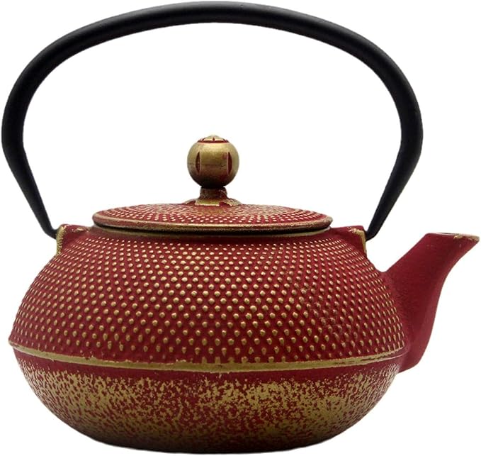 Cast Iron Teapot Tea Kettle with Stainless Steel Infuser for Stovetop Safe Coated with Enameled Interior Japanese Red Tetsubin for Loose Tea(30.4oz/900ml)