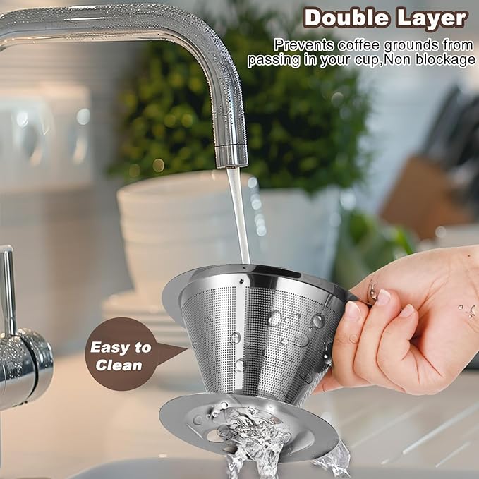 Upgraded Pour Over Coffee Filter, Coffee Dripper, Paperless Mess Stainless Steel Coffee Filter, Maker One to Two Cup, Keeping Nature Coffee Flavour, Easy to Use and Clean (Large)
