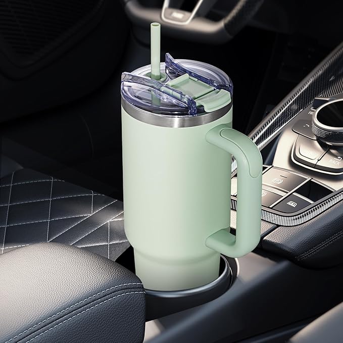 COKTIK 40 oz Tumbler With Handle and Straw Lid, Vacuum Insulated Travel Coffee Mug Stainless Steel Insulated Cup for Beverages, Leak-proof, Cupholder Friendly (Seafoam)