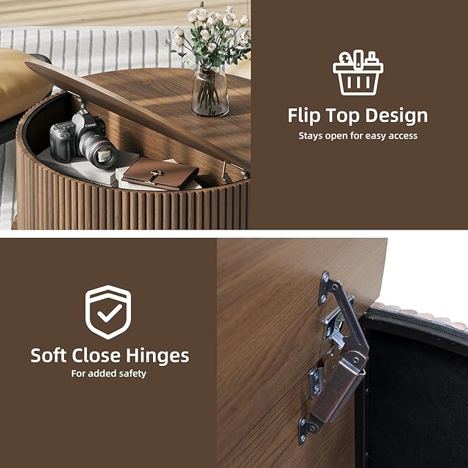 Round Coffee Table with Storage, Mid Century Modern Center Table with Sliding Cabinet Door, Fluted Dining Table for Living Room, Home Small Space, 31.5", Walnut