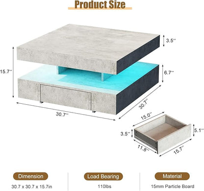 Grey LED Coffee Table with 2 Storage Drawers for Living Room Square Center Middle Table Modern Cocktail Table with Light 2-Tier Tea Tables Contemporary Mid Century Wood Home Office Waiting Room