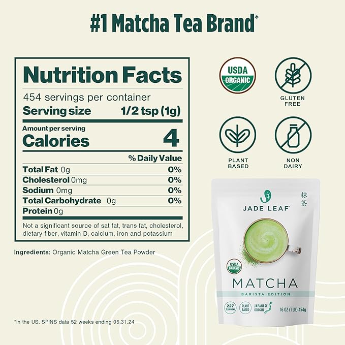 Jade Leaf Matcha Organic Ceremonial Grade Matcha Green Tea Powder - Authentic Japanese Origin - Barista Edition For Cafe Quality Tea & Lattes (1 Pound Bulk Pouch)