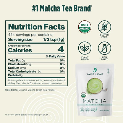 Jade Leaf Matcha Organic Ceremonial Grade Matcha Green Tea Powder - Authentic Japanese Origin - Barista Edition For Cafe Quality Tea & Lattes (1 Pound Bulk Pouch)