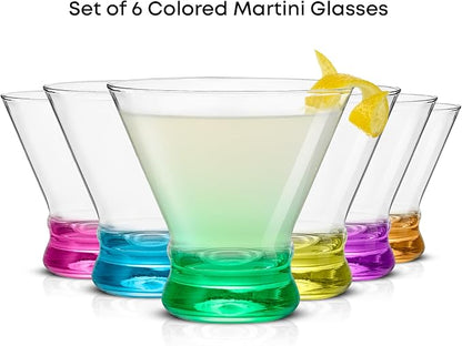 JoyJolt Hue 7.5oz Martini Glasses, Cocktail Glassware Set of 6, Colored Glass Base, Stemless Drinking Glasses for Margarita, Bar, Shrimp Cocktail, Juice